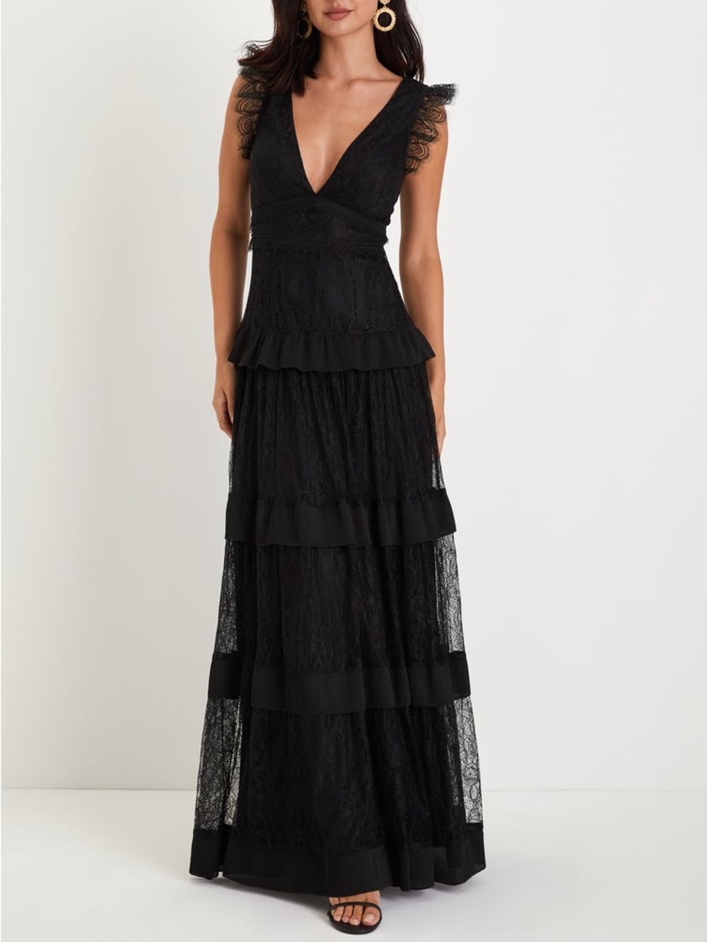 Lulus Marvelous Darling Black Lace Ruffled Tiered Maxi Dress Size M NWT